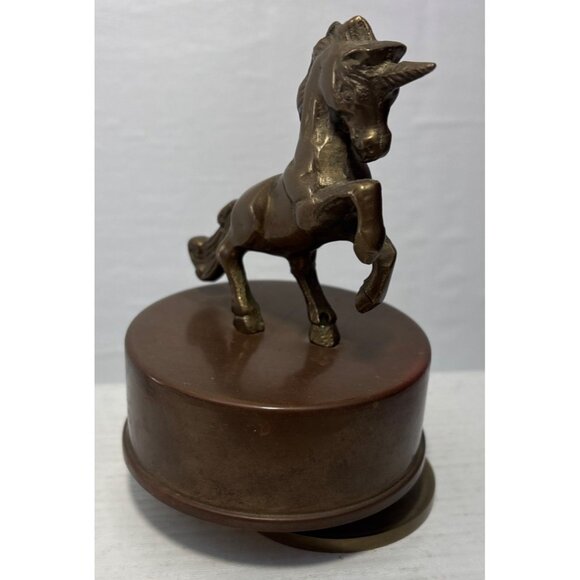 Vintage Brass Unicorn Figurine With Round Base 5" Tall Plays Beethoven Fur Elise - Picture 2 of 7